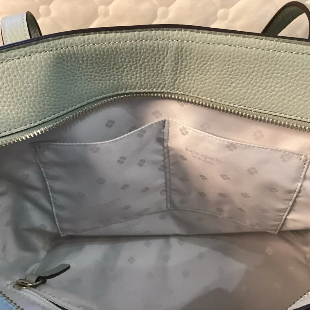 Kate Spade NWT sea foam green pebbled leather tote with bow tie tassel on front - Picture 5 of 15